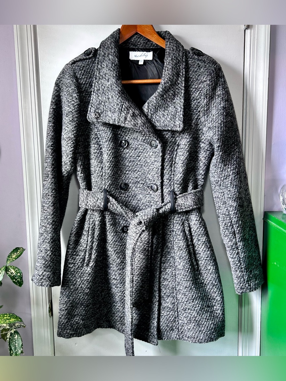 Sebby Heathered Gray Button Down Peacoat Women’s Large Waist Tie